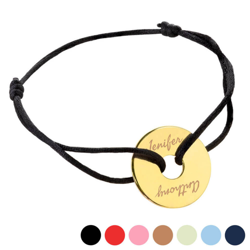 Bracciale in corda nera con disco placcato oro personalizzabile